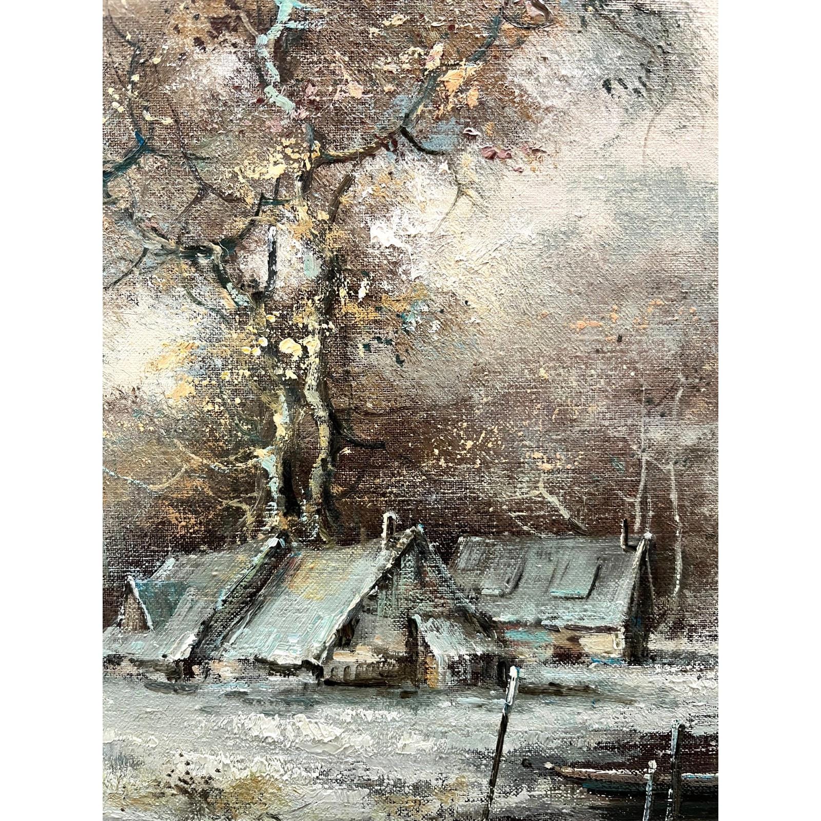 Vintage Oil Painting Winter River Landscape Italian Signed Framed 98cm