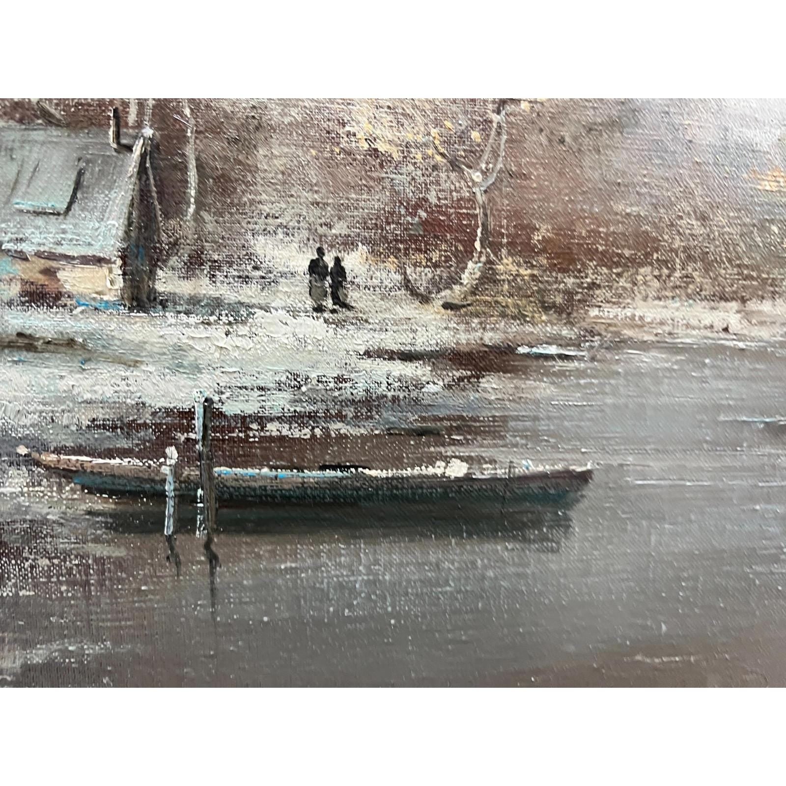 Vintage Oil Painting Winter River Landscape Italian Signed Framed 98cm