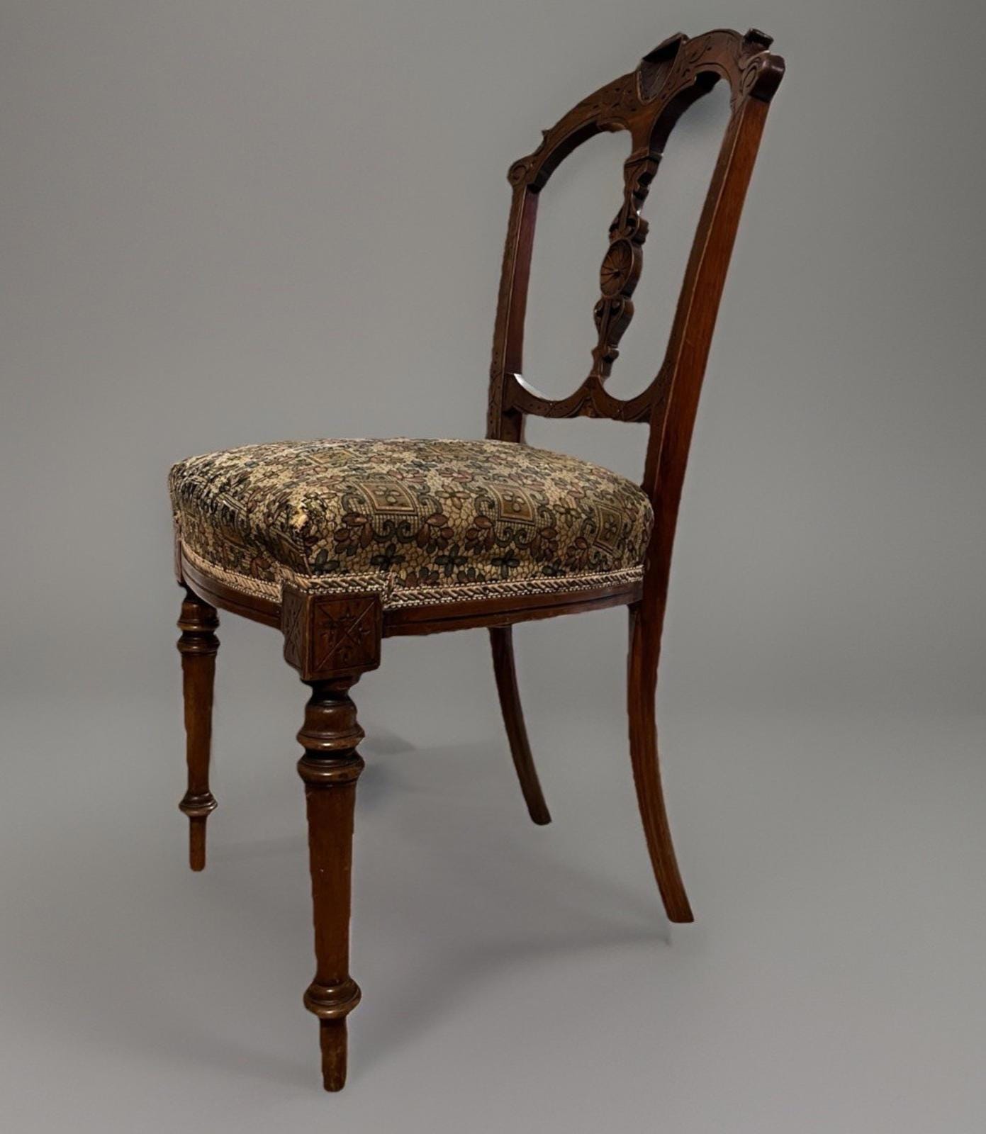 Antique Edwardian Carved Wooden Dining Chair – Upholstered Seat Side Chair