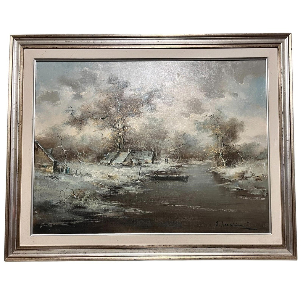 Vintage Oil Painting Winter River Landscape Italian Signed Framed 98cm