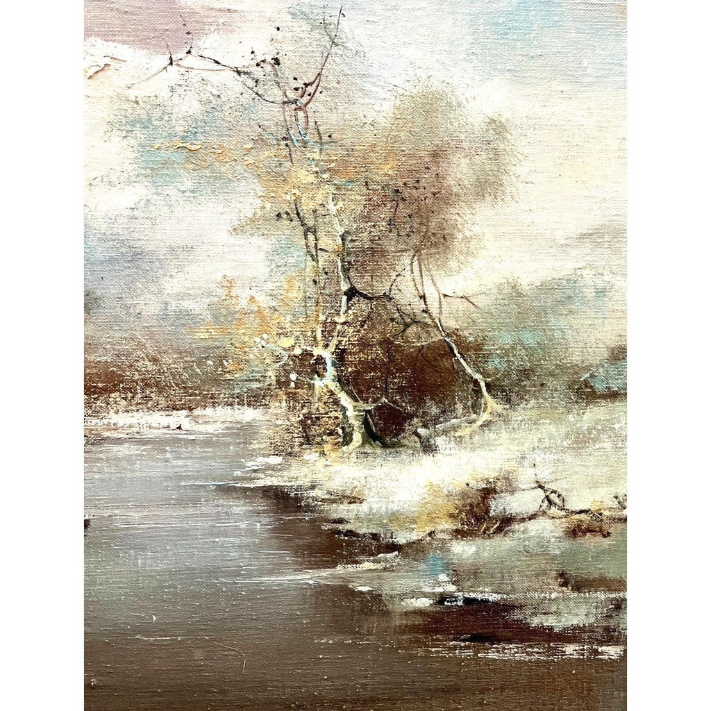 Vintage Oil Painting Winter River Landscape Italian Signed Framed 98cm