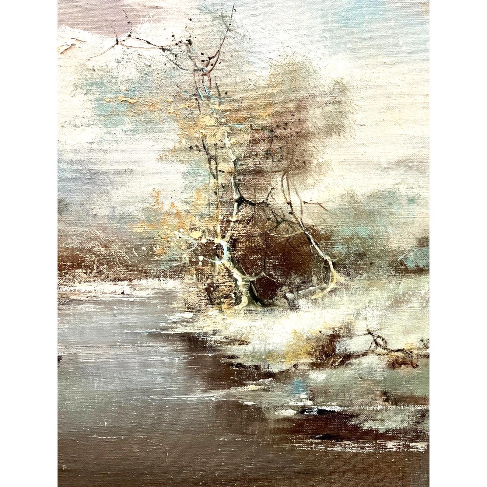 Vintage Oil Painting Winter River Landscape Italian Signed Framed 98cm