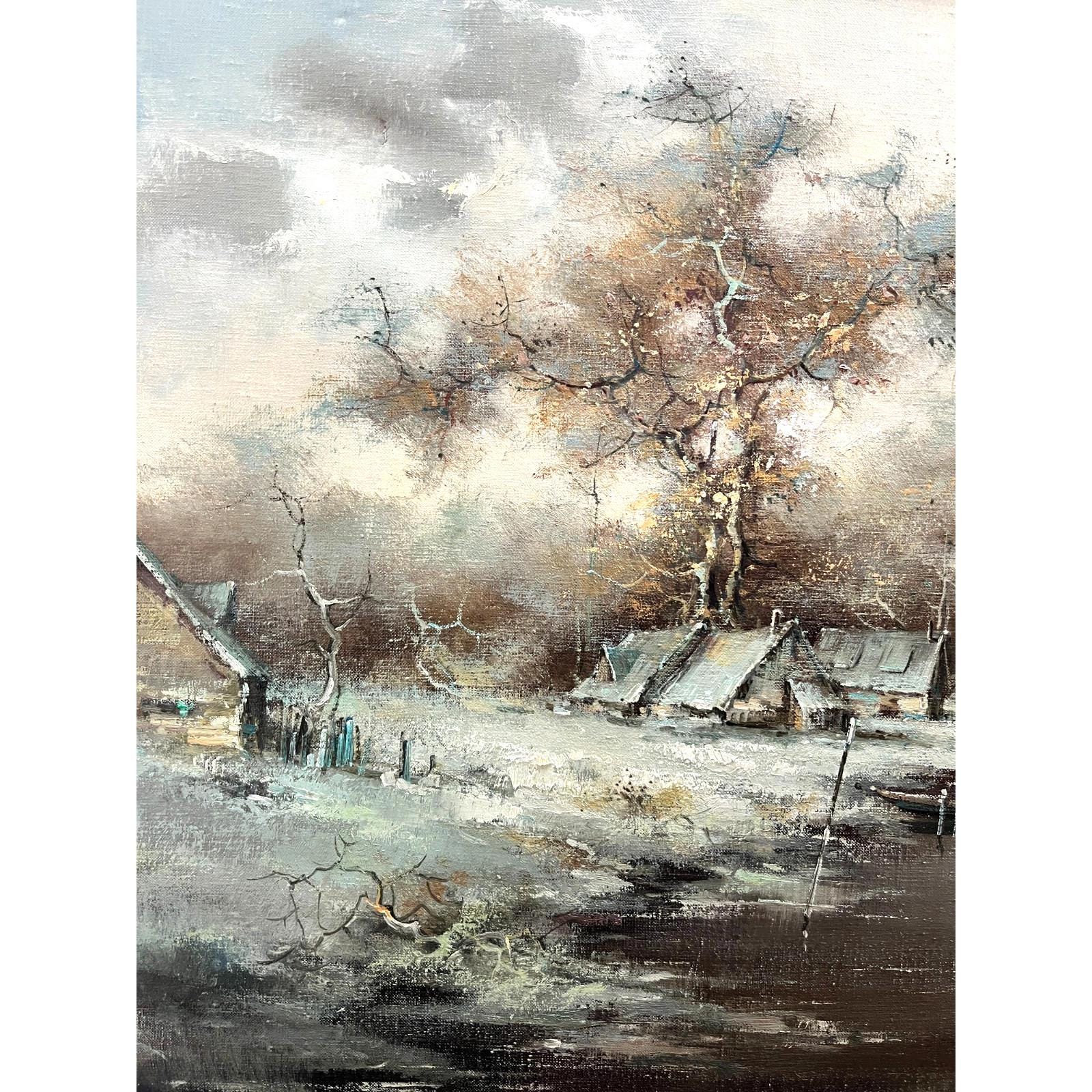 Vintage Oil Painting Winter River Landscape Italian Signed Framed 98cm