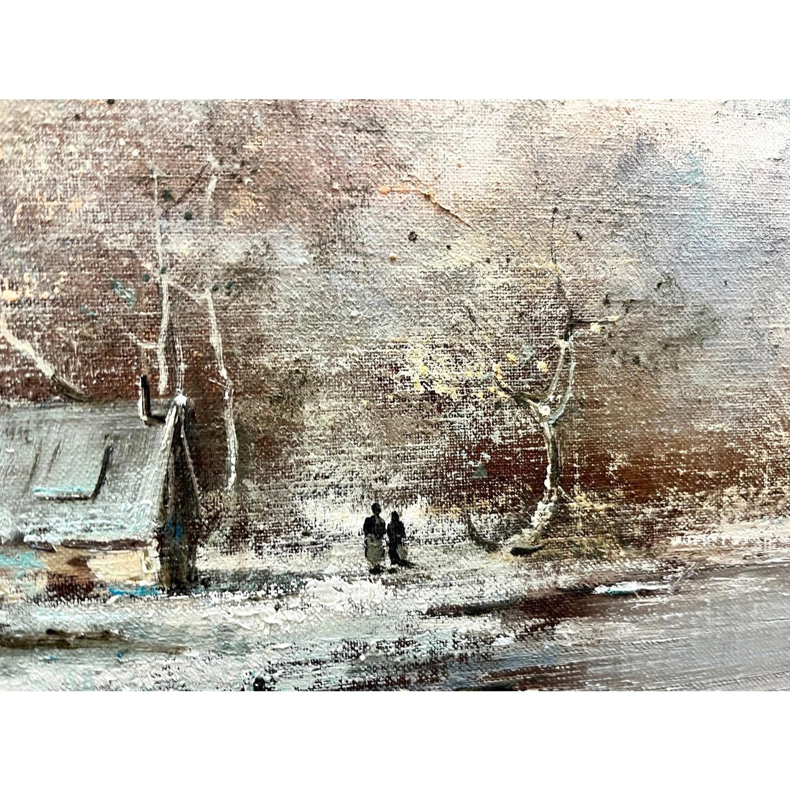 Vintage Oil Painting Winter River Landscape Italian Signed Framed 98cm