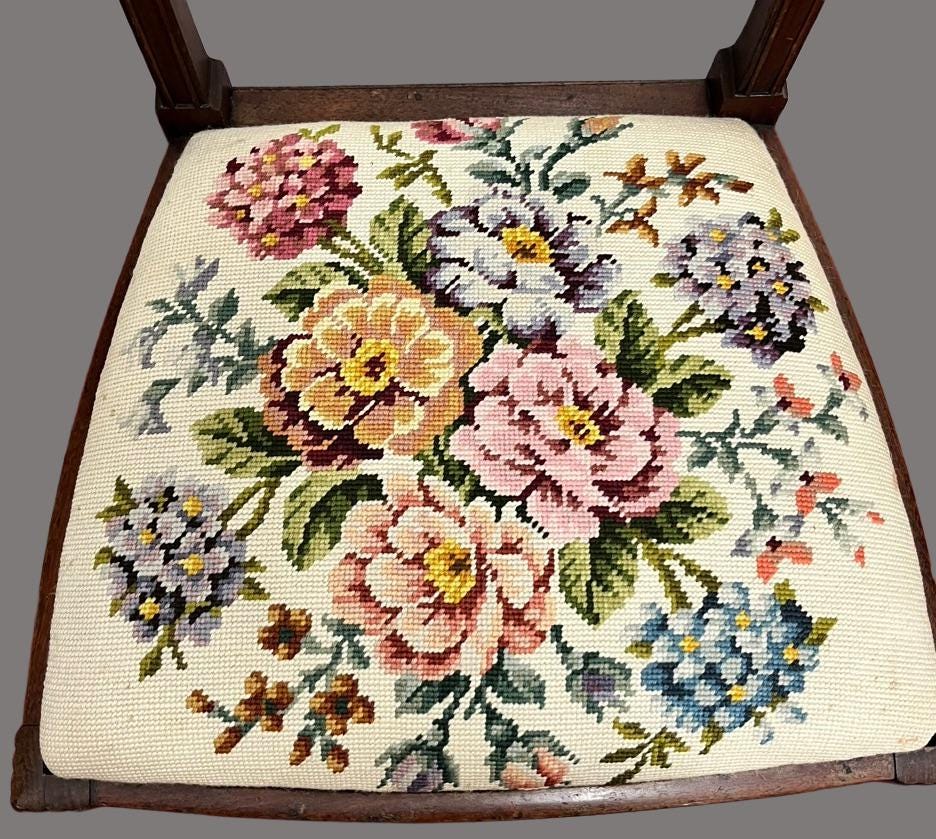 Vintage Wooden Dining Chair with Floral Needlepoint Upholstered Seat