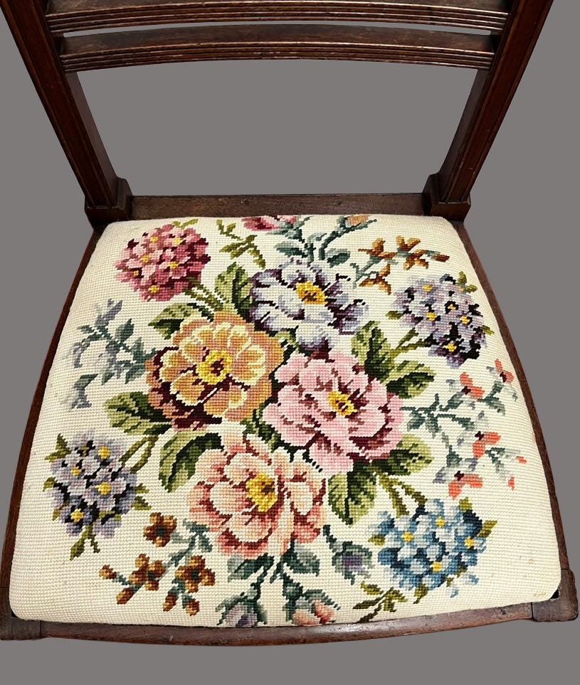 Vintage Wooden Dining Chair with Floral Needlepoint Upholstered Seat