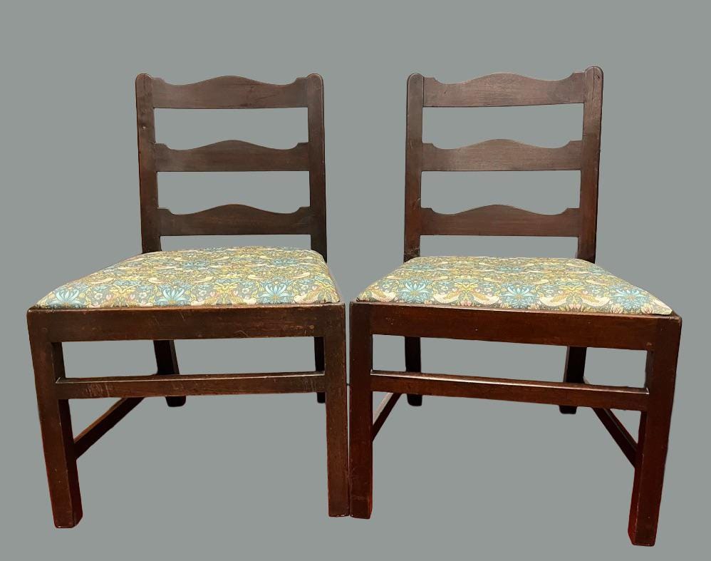 Vintage Wooden Dining Chairs Pair, Ladder Back Chairs with William Morris Fabric Seats