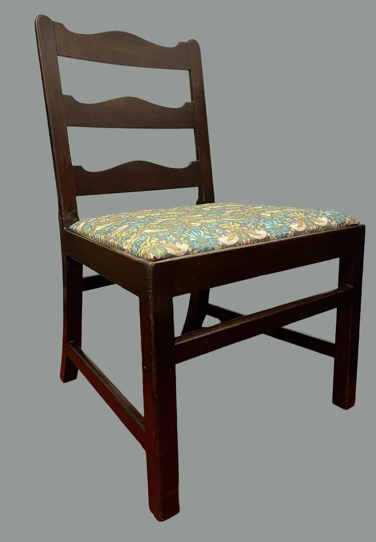 Vintage Wooden Dining Chairs Pair, Ladder Back Chairs with William Morris Fabric Seats