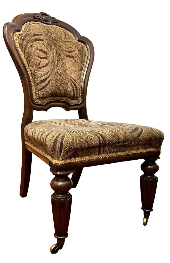 Vintage Upholstered Bedroom Chair Slipper Chair Wooden Carved Brass Castors 92cm