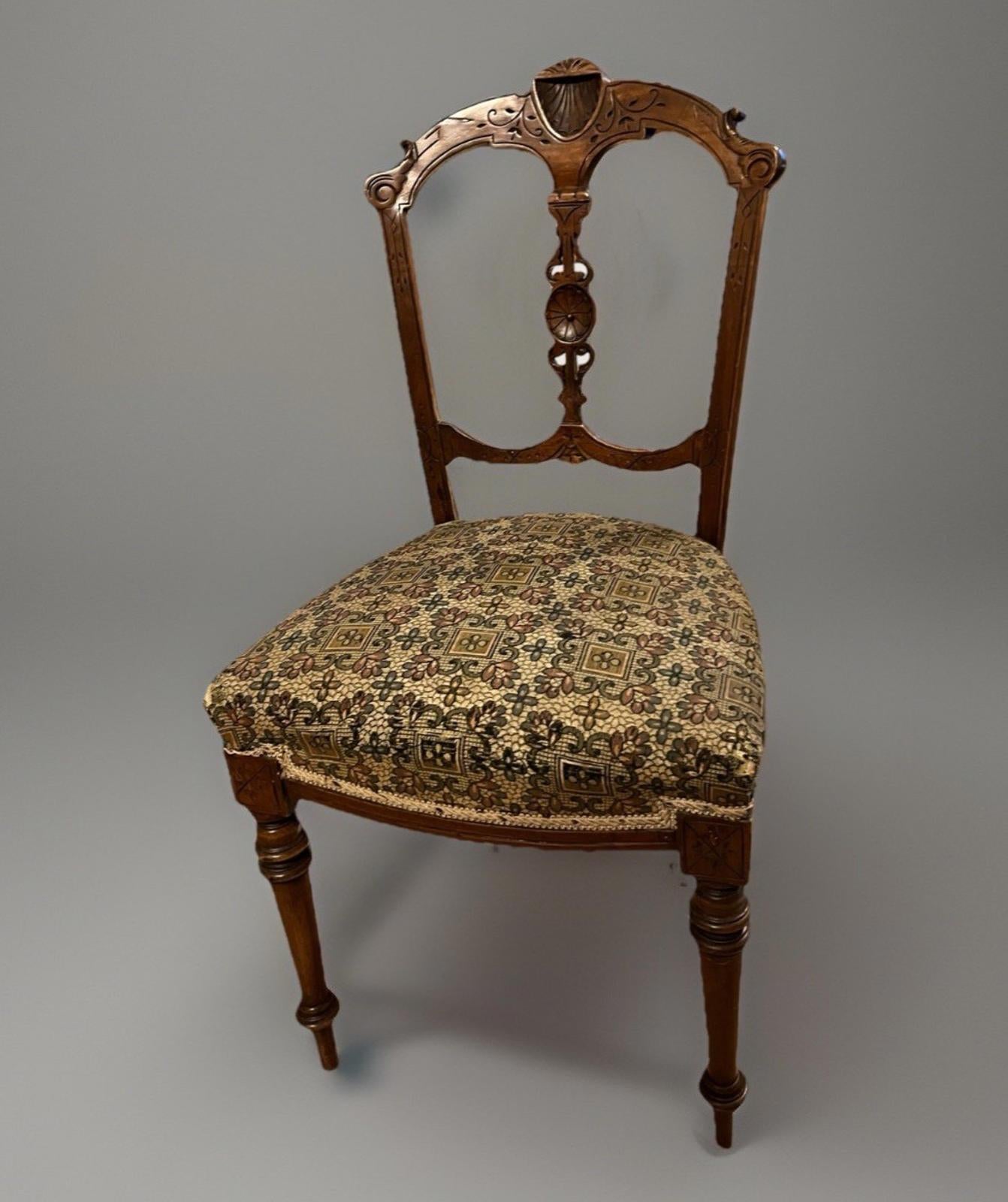 Antique Edwardian Carved Wooden Dining Chair – Upholstered Seat Side Chair