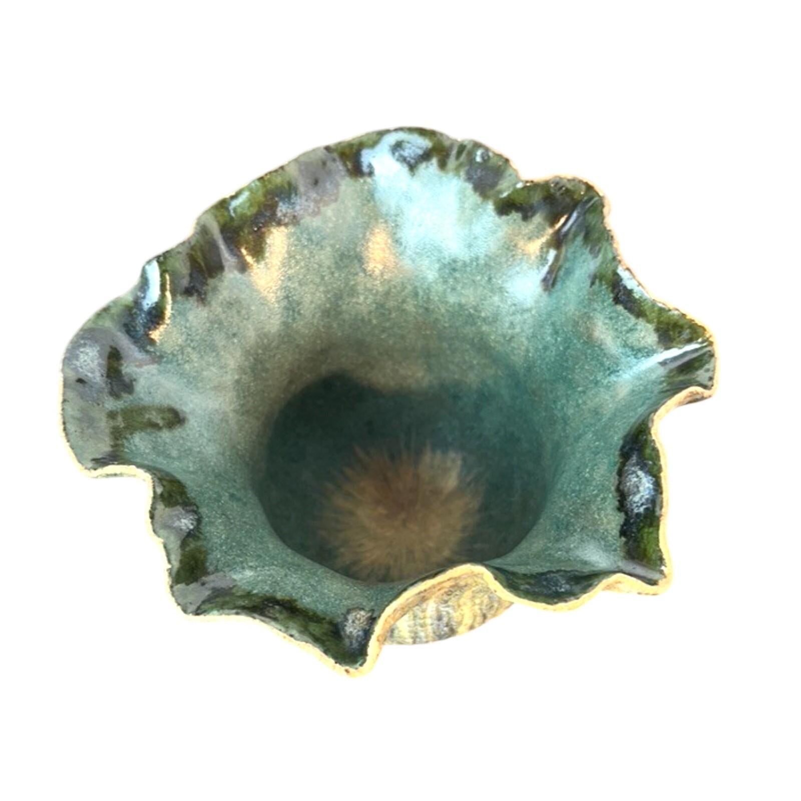 Signed Vintage Handmade Ikebana Handkerchief Pottery Vase Green Sculptural