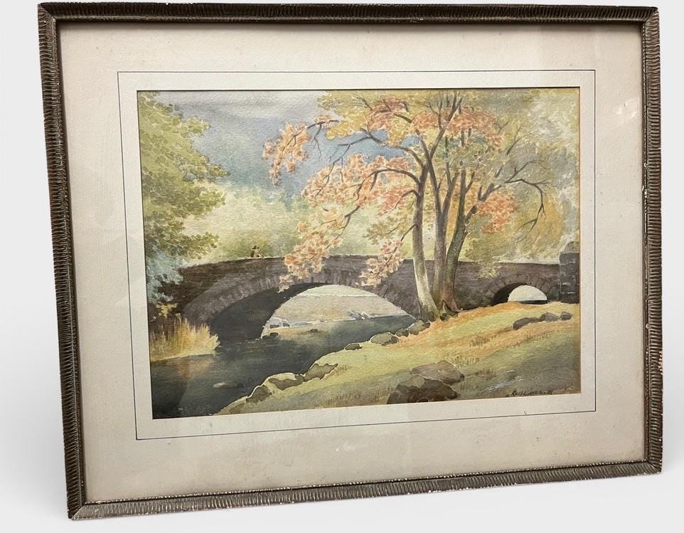 R W Clarke Watercolour Painting 1953 Peter Bridge Framed Landscape 51cm