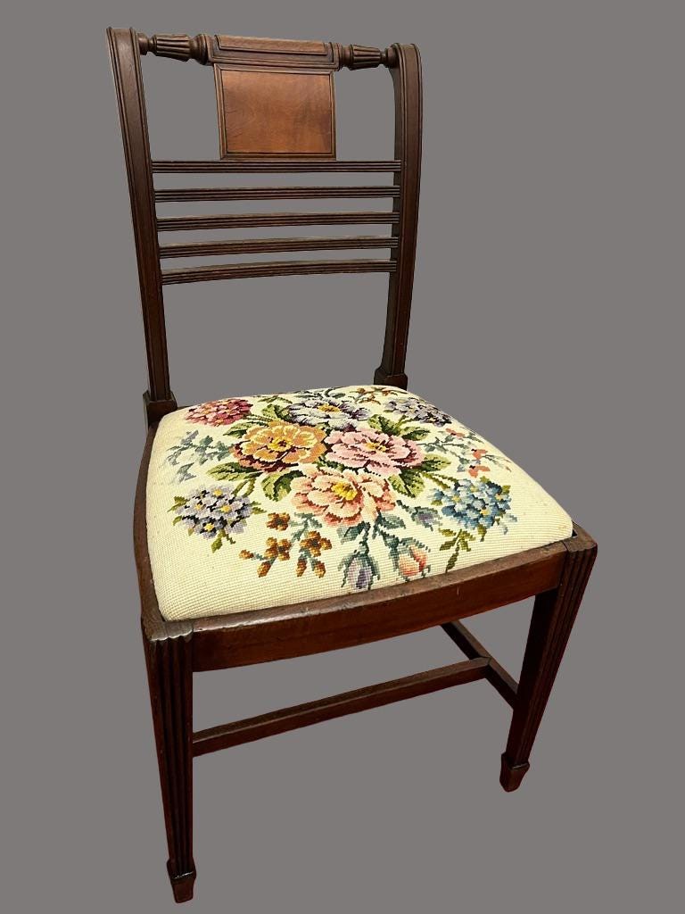 Vintage Wooden Dining Chair with Floral Needlepoint Upholstered Seat