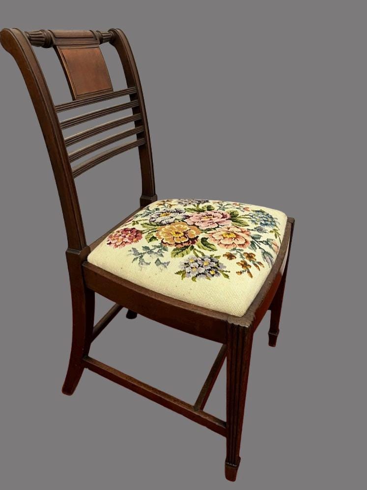 Vintage Wooden Dining Chair with Floral Needlepoint Upholstered Seat