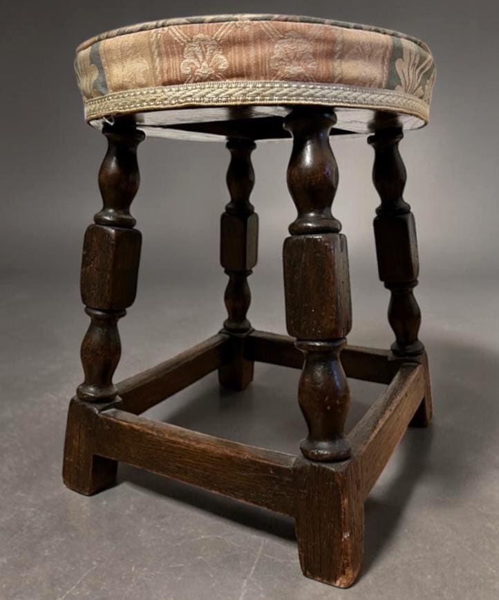 Vintage Oak Stool Rustic Wooden Footstool Turned Legs Aged Patina