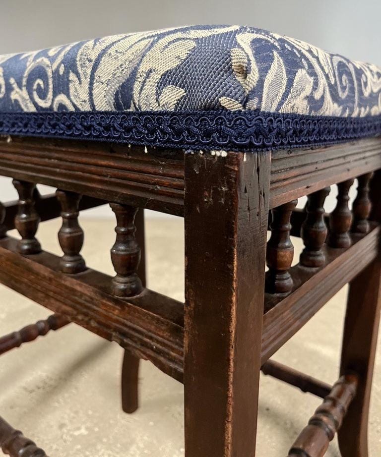 Vintage Upholstered Stool Wooden Frame Turned Legs Spindle Detail 54cm Height