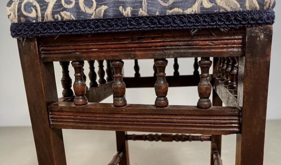 Vintage Upholstered Stool Wooden Frame Turned Legs Spindle Detail 54cm Height