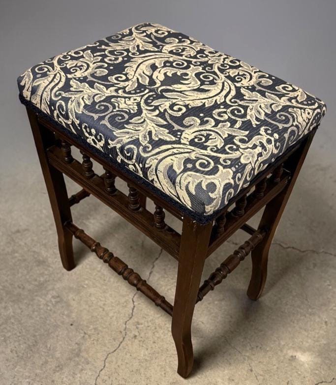 Vintage Upholstered Stool Wooden Frame Turned Legs Spindle Detail 54cm Height