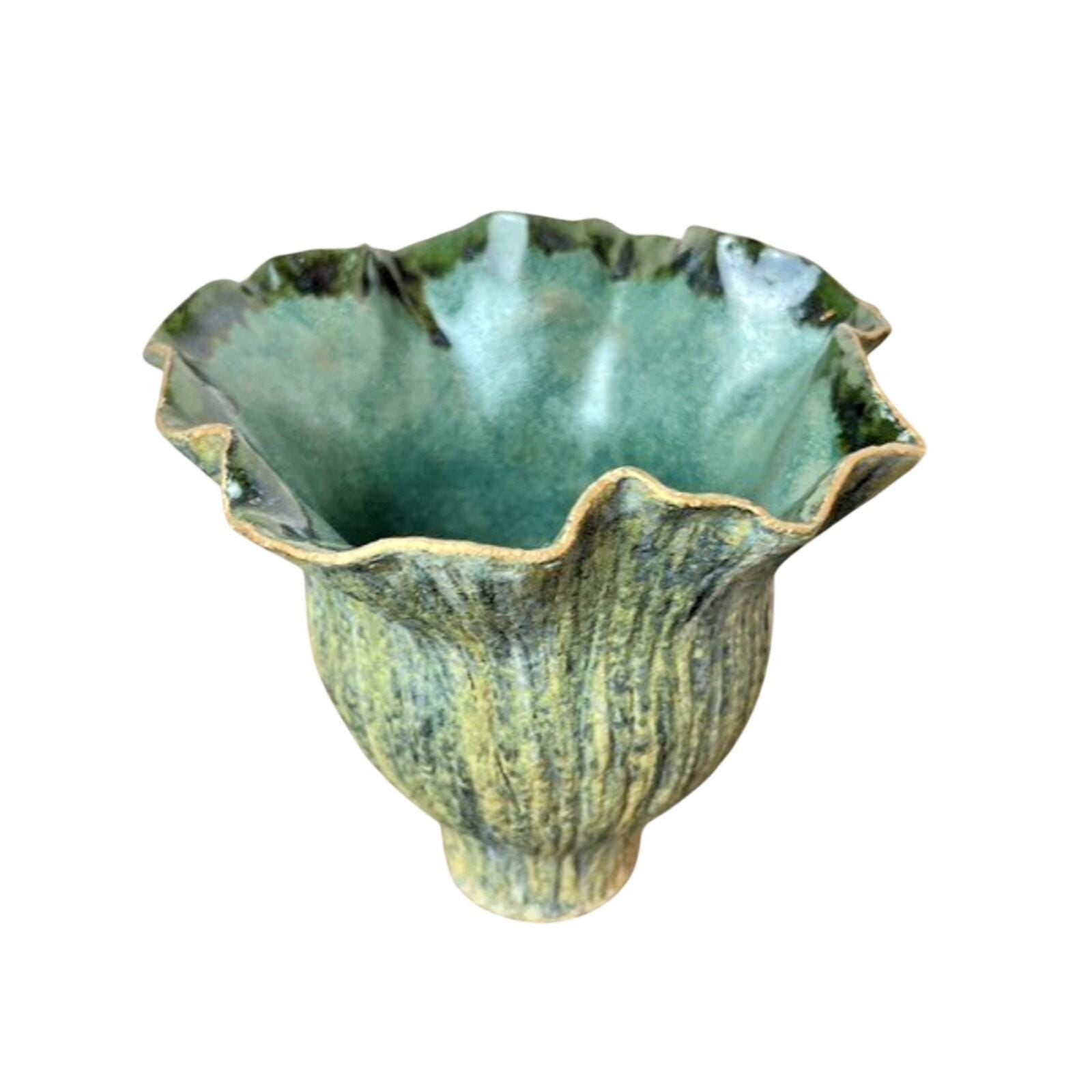 Signed Vintage Handmade Ikebana Handkerchief Pottery Vase Green Sculptural