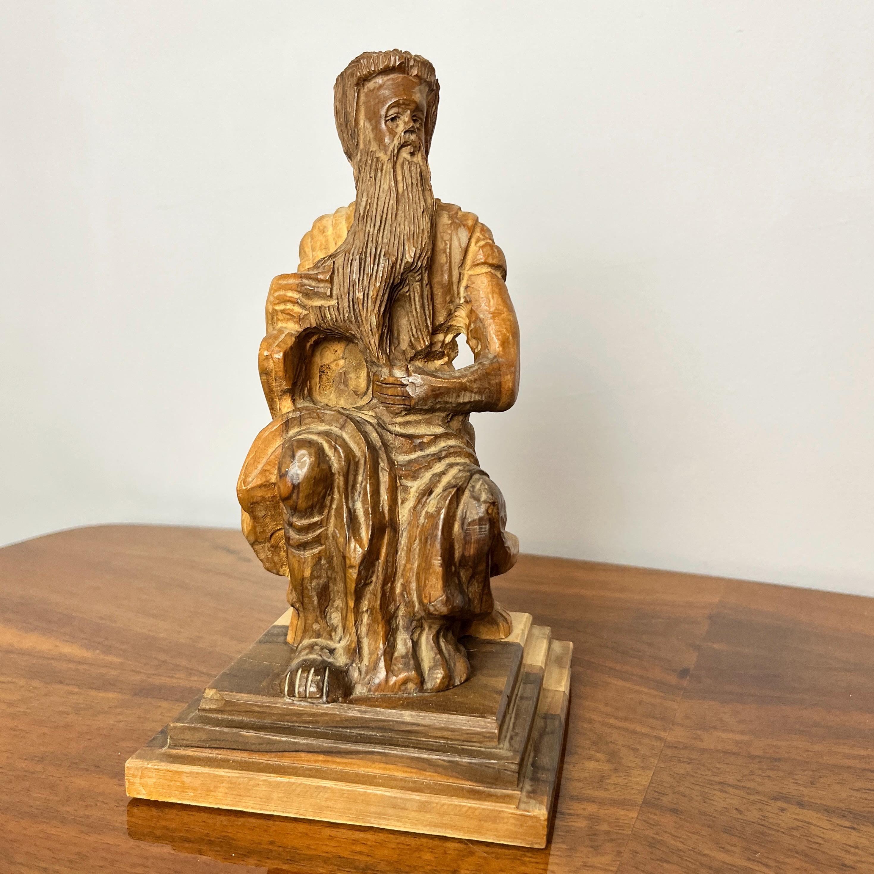 Vintage Olive Wood Moses Sculpture Figure – Hand Carved Religious Statue