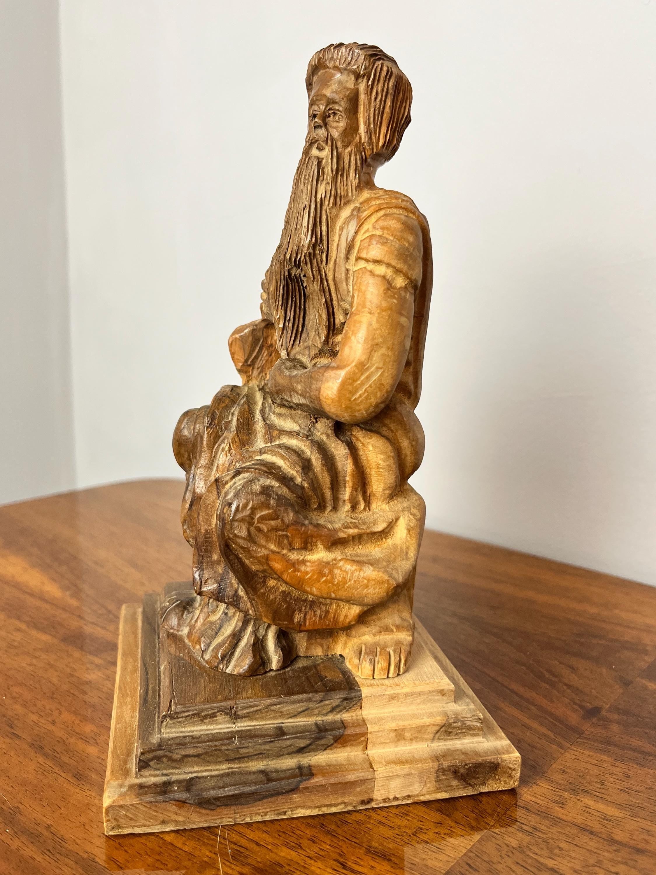 Vintage Olive Wood Moses Sculpture Figure – Hand Carved Religious Statue