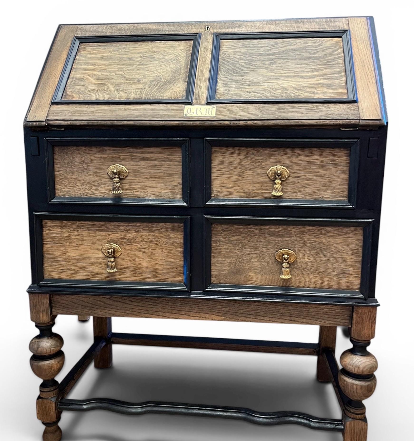 Vintage Oak Bureau Writing Desk / Fall Front Bureau / Refinished Storage Cabinet Black & Wood