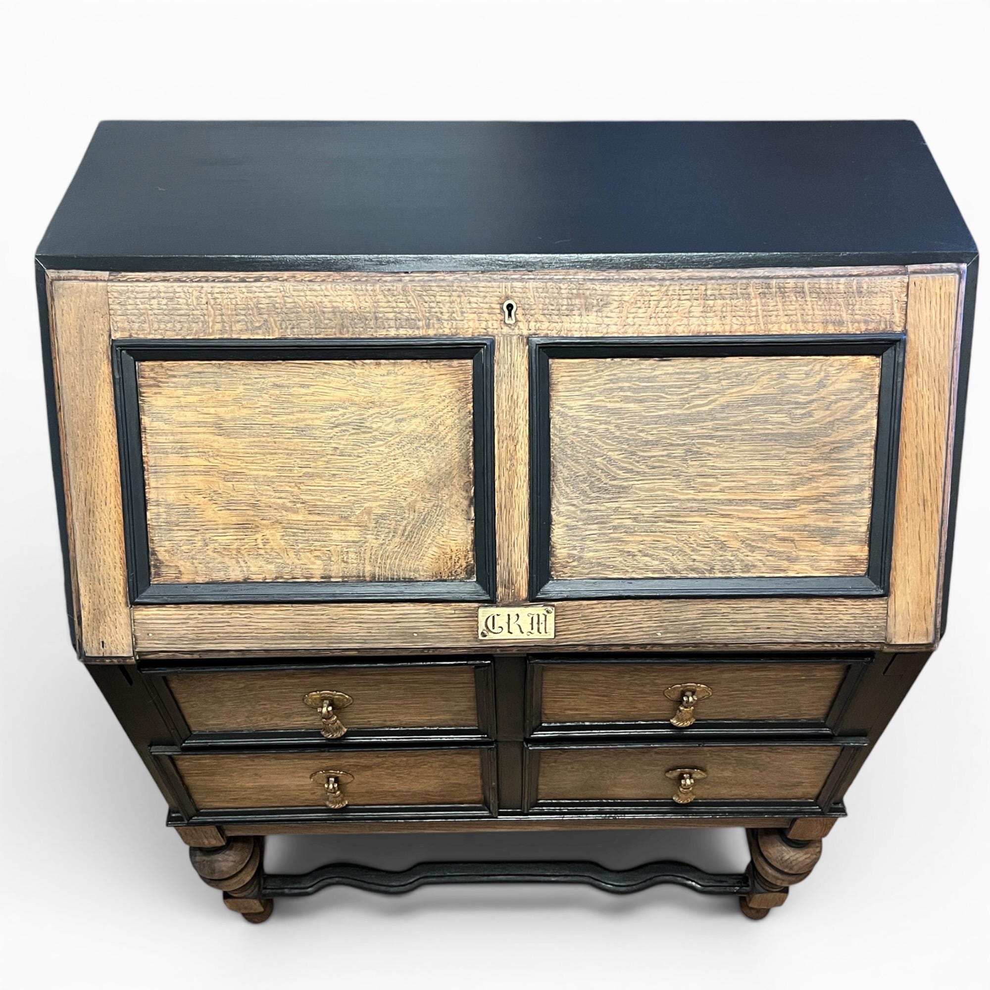 Vintage Oak Bureau Writing Desk / Fall Front Bureau / Refinished Storage Cabinet Black & Wood