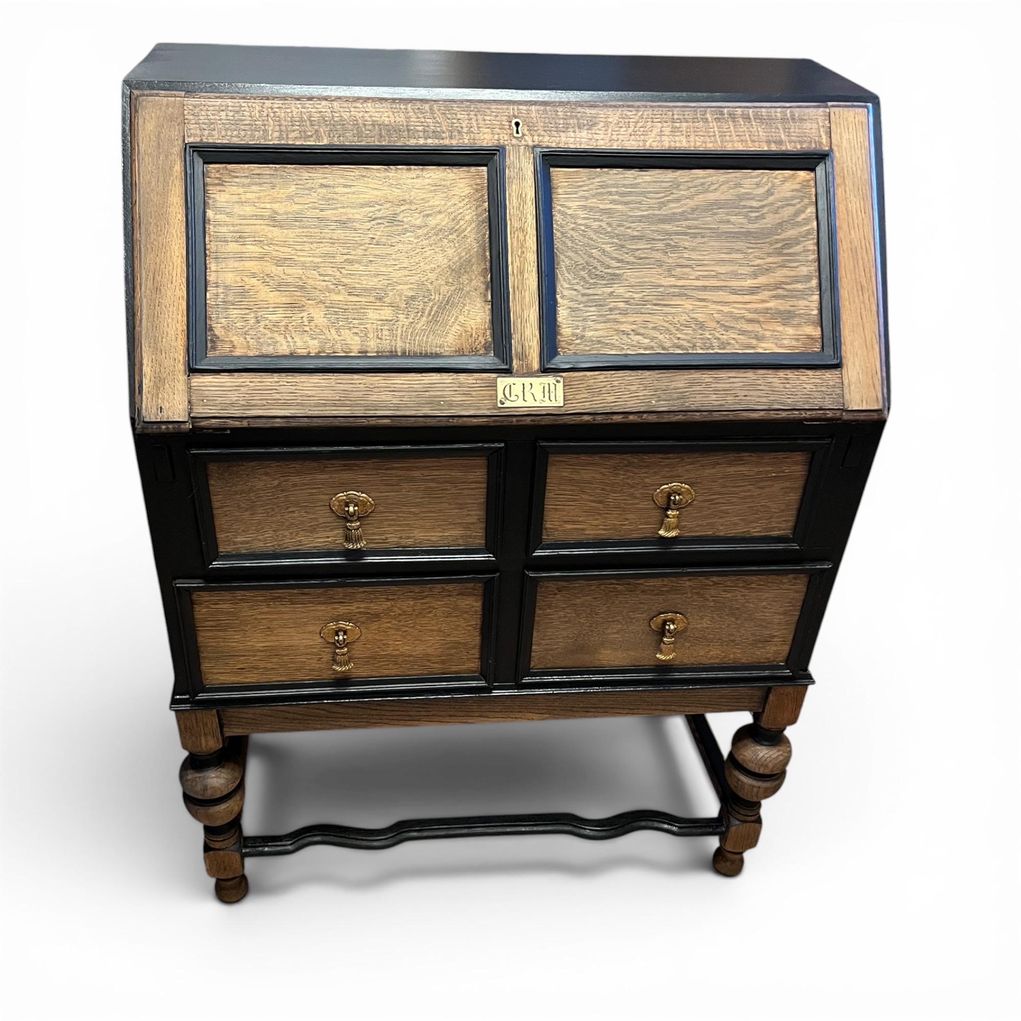 Vintage Oak Bureau Writing Desk / Fall Front Bureau / Refinished Storage Cabinet Black & Wood