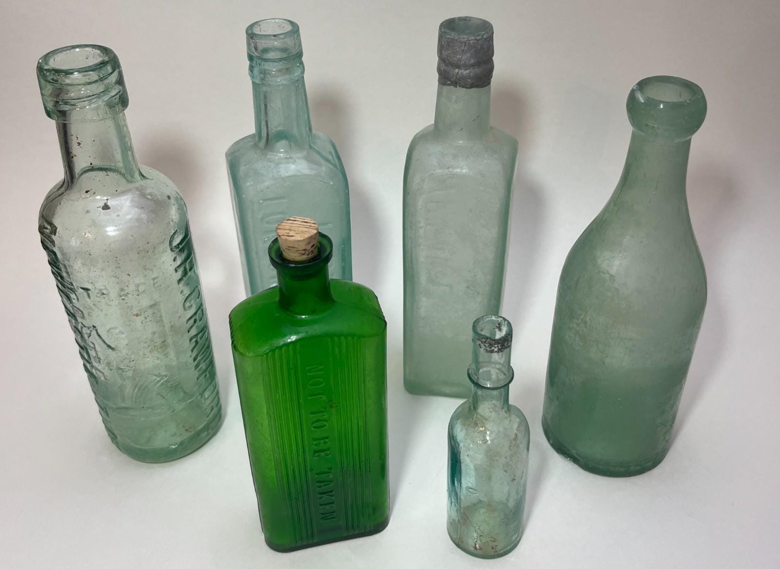 Vintage Green & Aqua Glass Bottle Job Lot Antique Style Apothecary Bottles