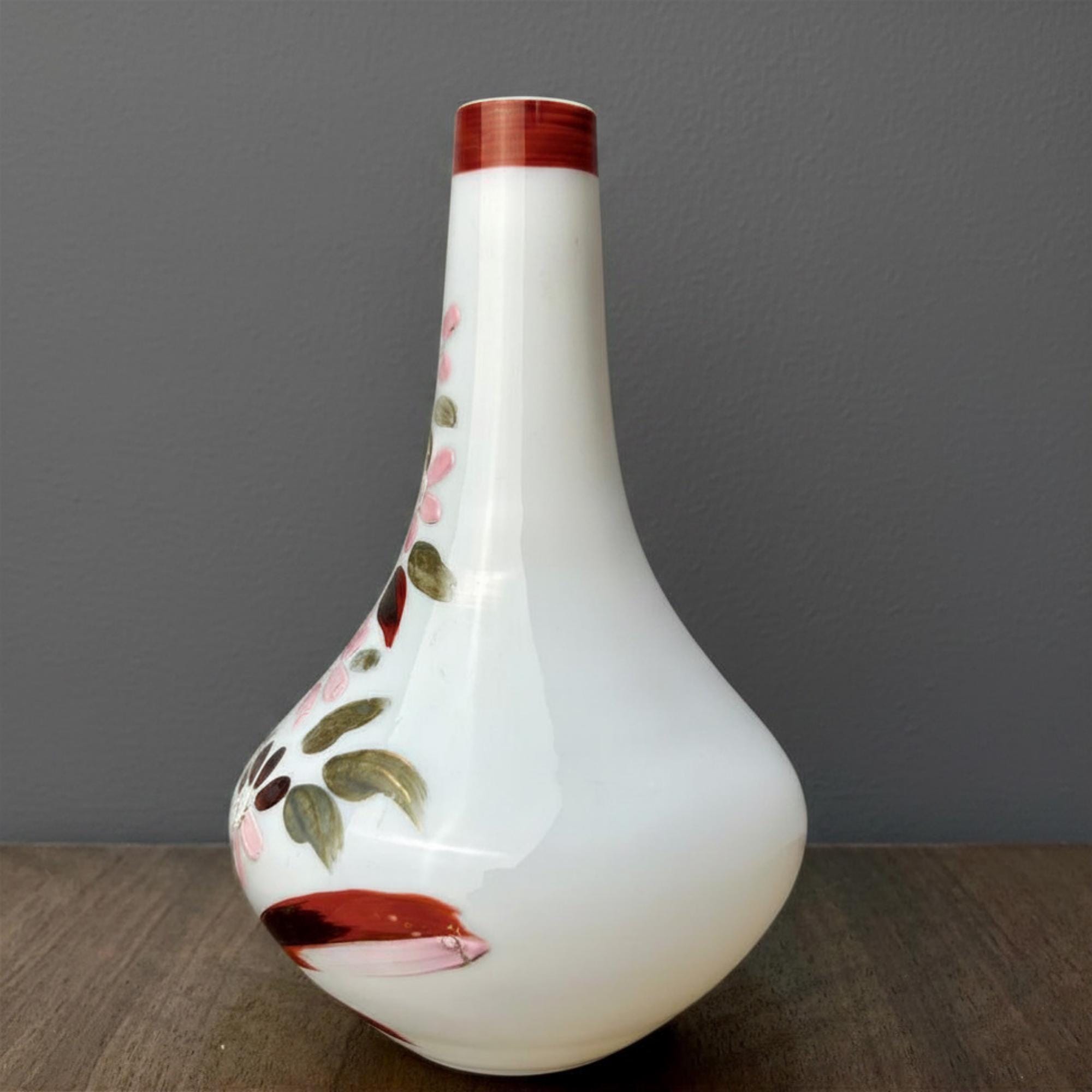 Victorian Hand Painted Floral Milk Glass Bud Vase – Opaque Cottagecore Decor