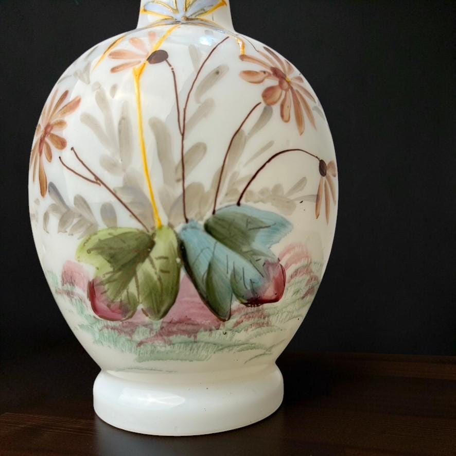 Victorian Hand Painted Milk Glass Bottle Vase – Floral Decoration