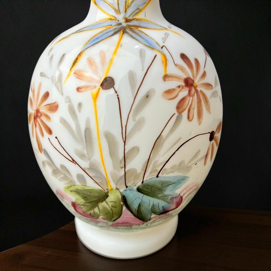 Victorian Hand Painted Milk Glass Bottle Vase – Floral Decoration