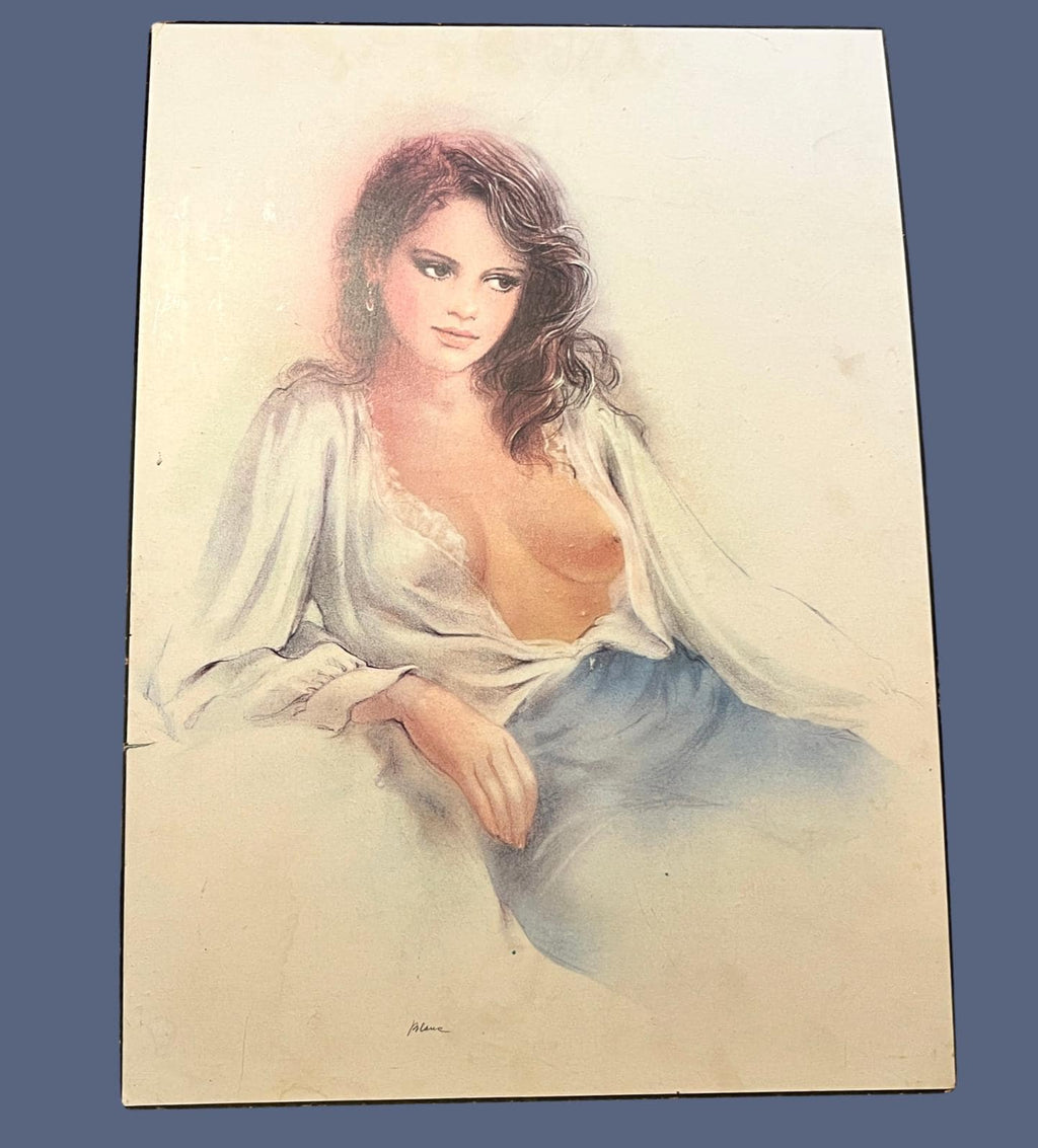 Vintage Nude Female Portrait Print On Board Erotic Wall Art Large 70cm Retro Figurative Art