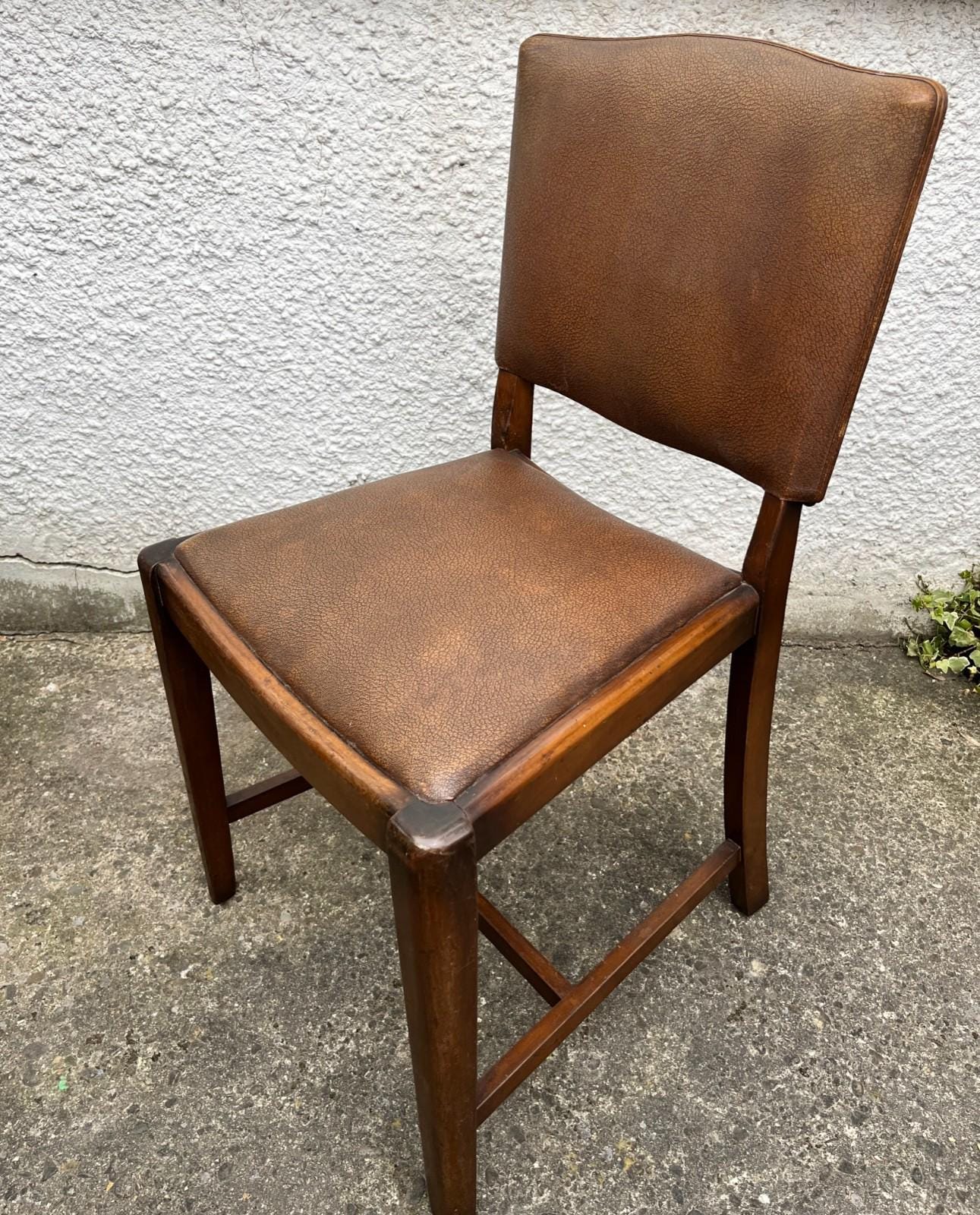 Pair of Vintage Oak Dining Chairs Pair Camel Vinyl Upholstered