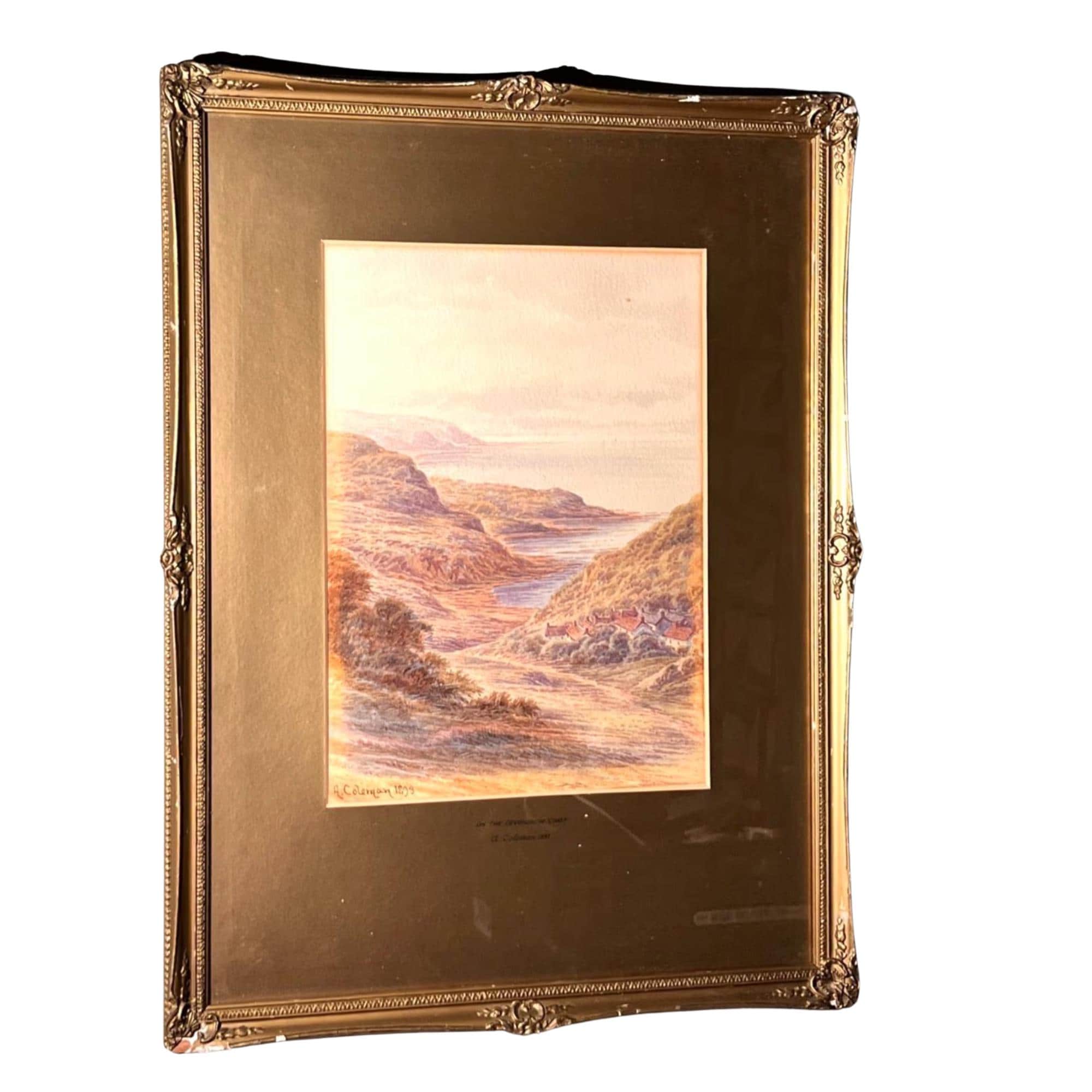 Antique Pair Framed Prints A Coleman 1893 Loch Long Devonshire Coast 56cm English Art
