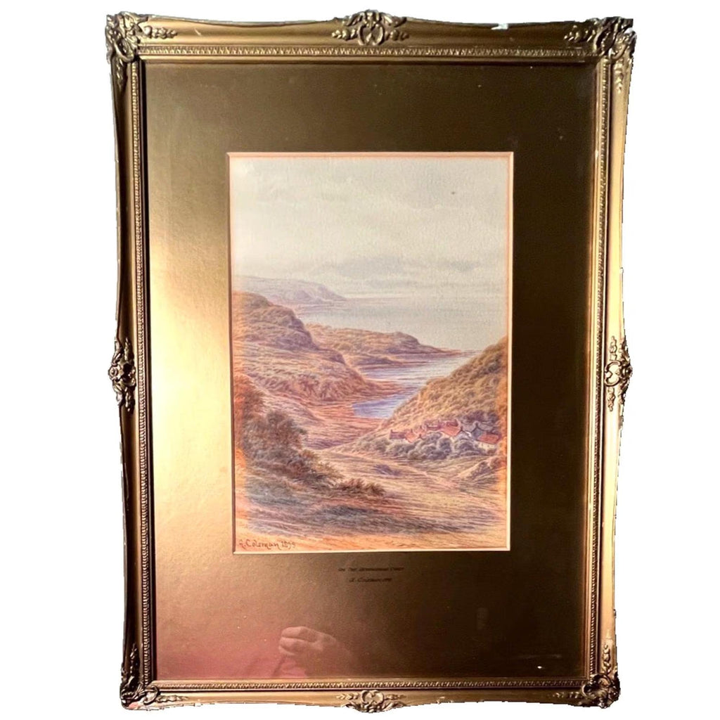Antique Pair Framed Prints A Coleman 1893 Loch Long Devonshire Coast 56cm English Art