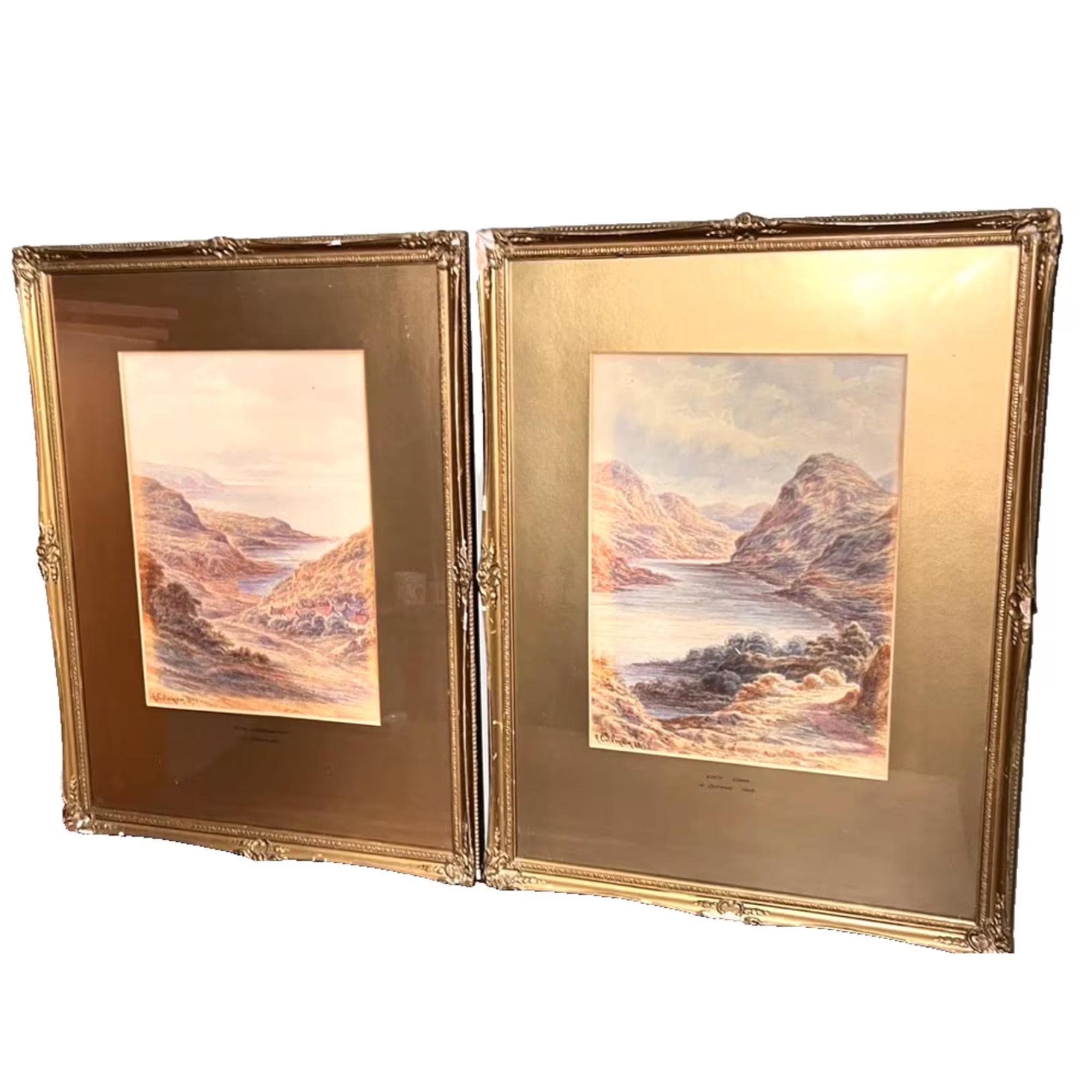 Antique Pair Framed Prints A Coleman 1893 Loch Long Devonshire Coast 56cm English Art