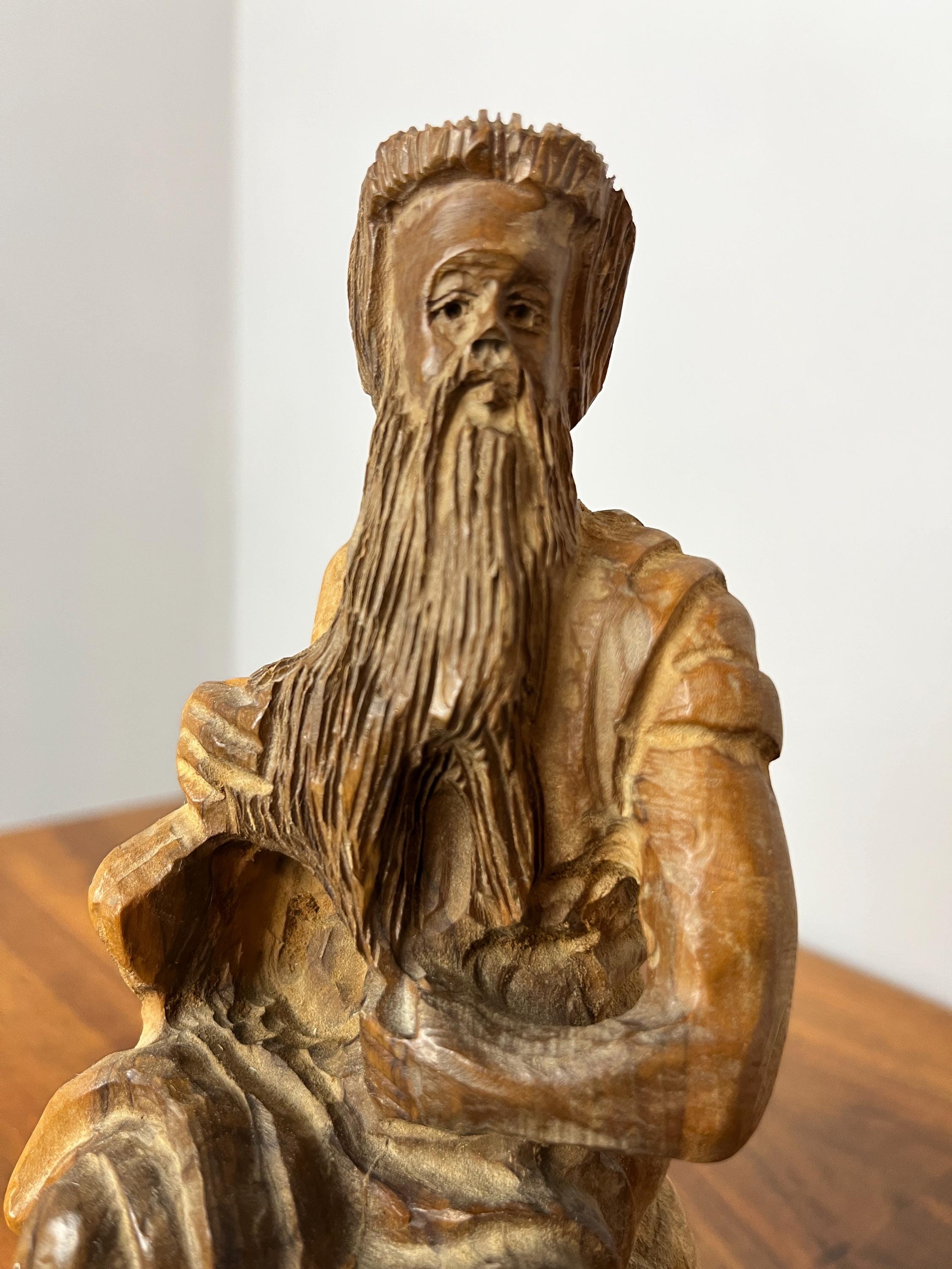 Vintage Olive Wood Moses Sculpture Figure – Hand Carved Religious Statue