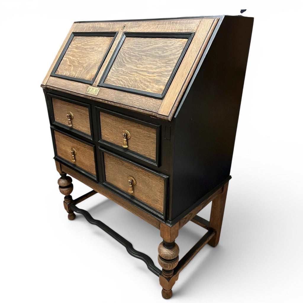 Vintage Oak Bureau Writing Desk / Fall Front Bureau / Refinished Storage Cabinet Black & Wood