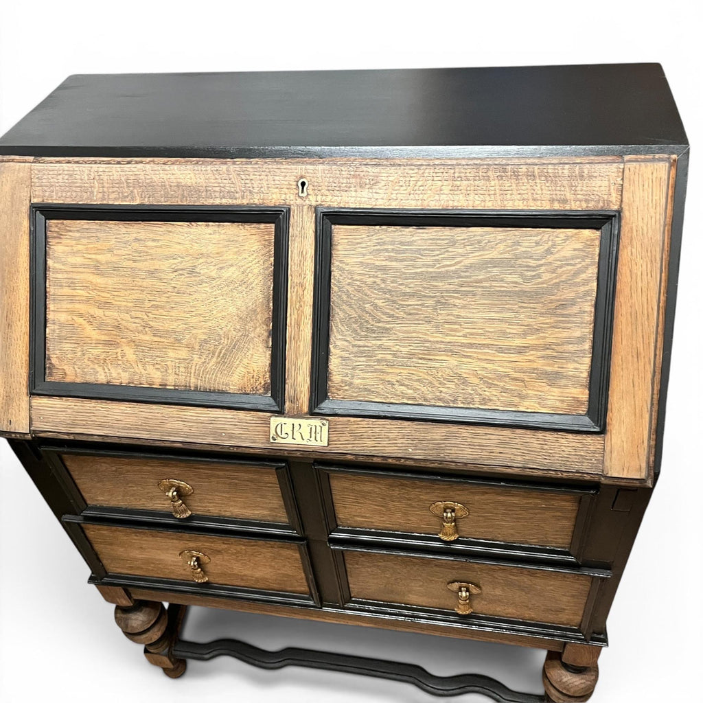 Vintage Oak Bureau Writing Desk / Fall Front Bureau / Refinished Storage Cabinet Black & Wood