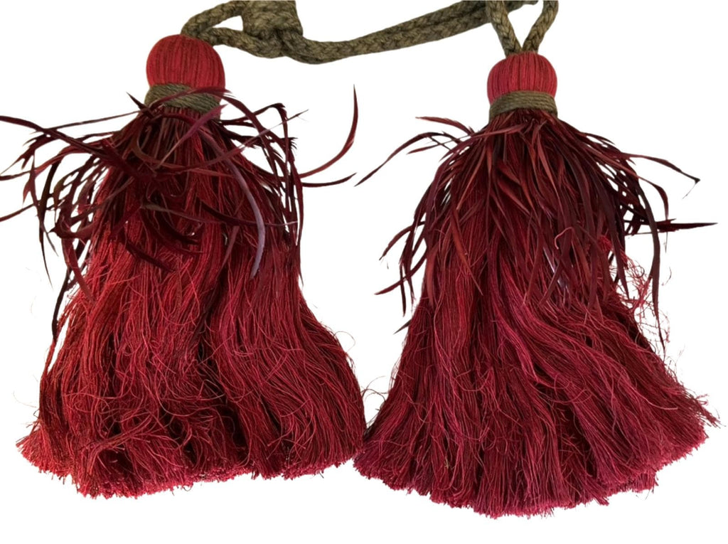 Vintage Feather Curtain Tie Backs Pair Burgundy Red Tassel Rope Tiebacks Regency