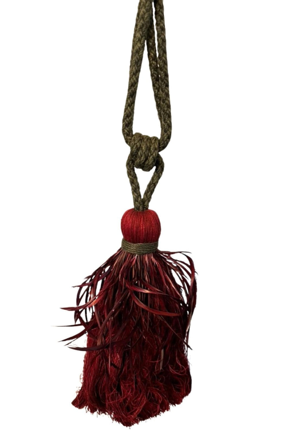 Vintage Feather Curtain Tie Backs Pair Burgundy Red Tassel Rope Tiebacks Regency