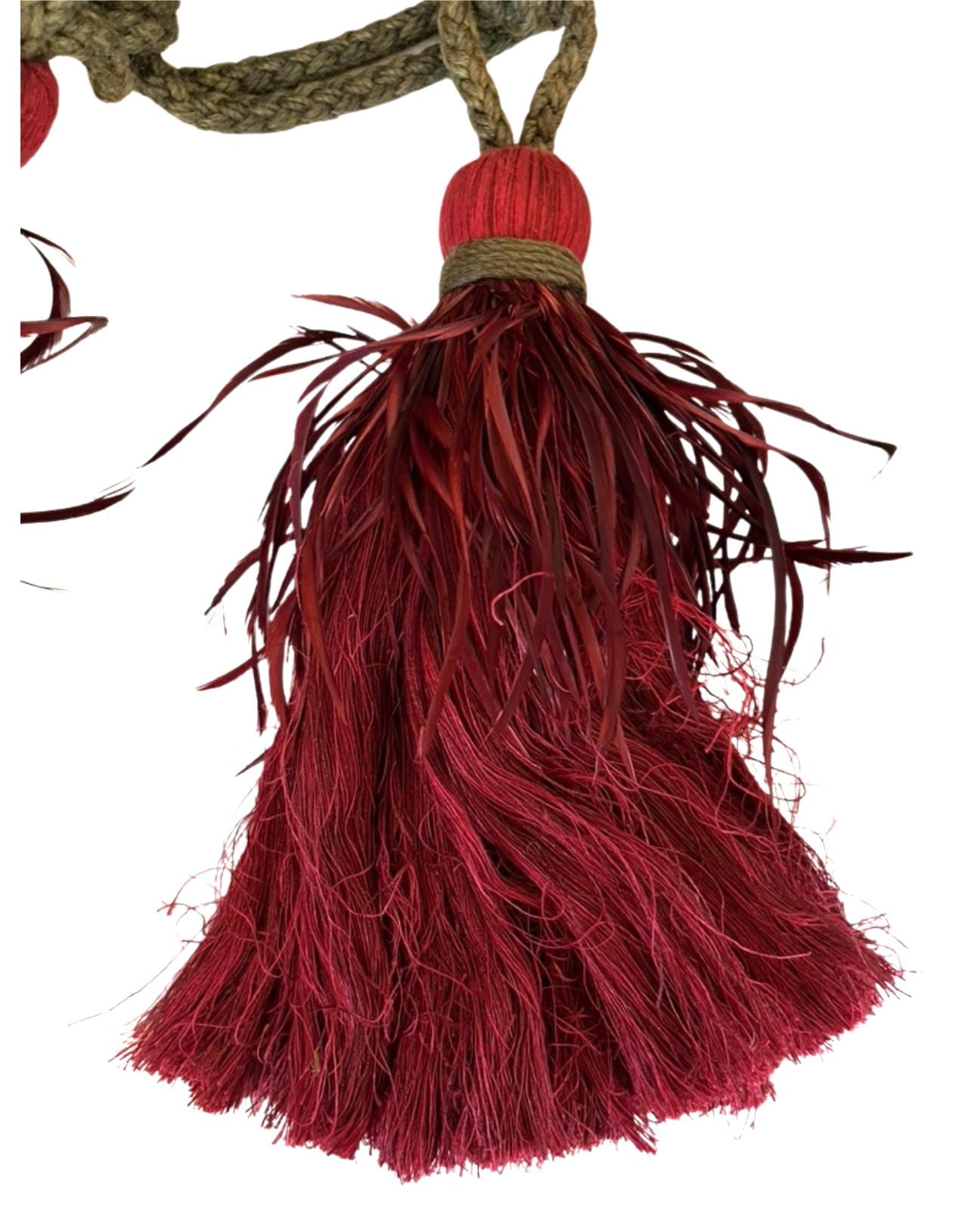 Vintage Feather Curtain Tie Backs Pair Burgundy Red Tassel Rope Tiebacks Regency