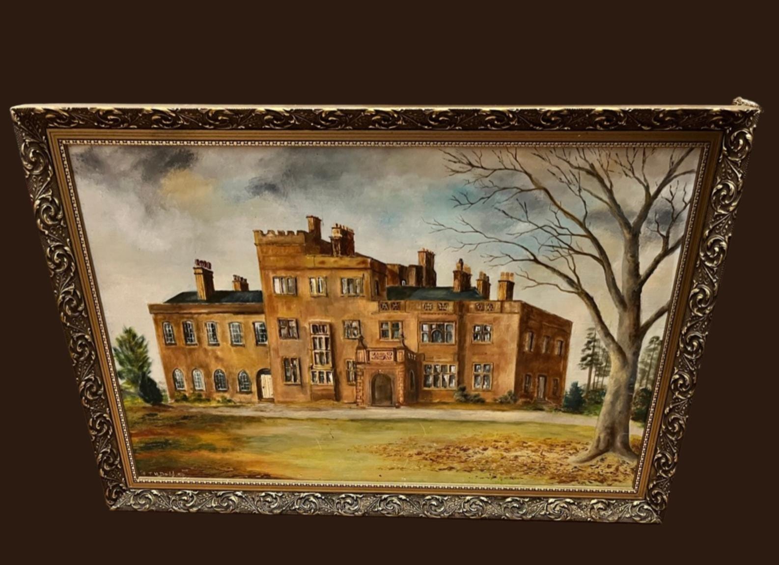 Large Original Oil Painting English Manor House Country Estate Framed Signed 1980