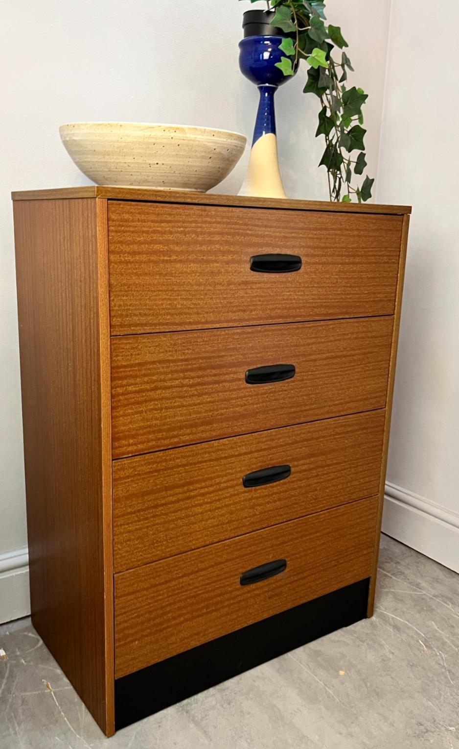 Vintage 4 Drawer Chest of Drawers by Homeworthy Mid Century Teak Effect 88cm