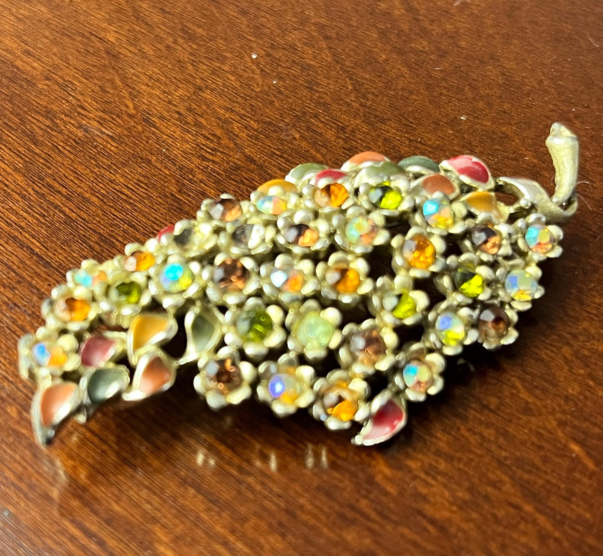 Vintage Floral Brooch: Aurora Borealis Rhinestones, Pastel Enamel Leaves, Gold Tone Bouquet Pin
