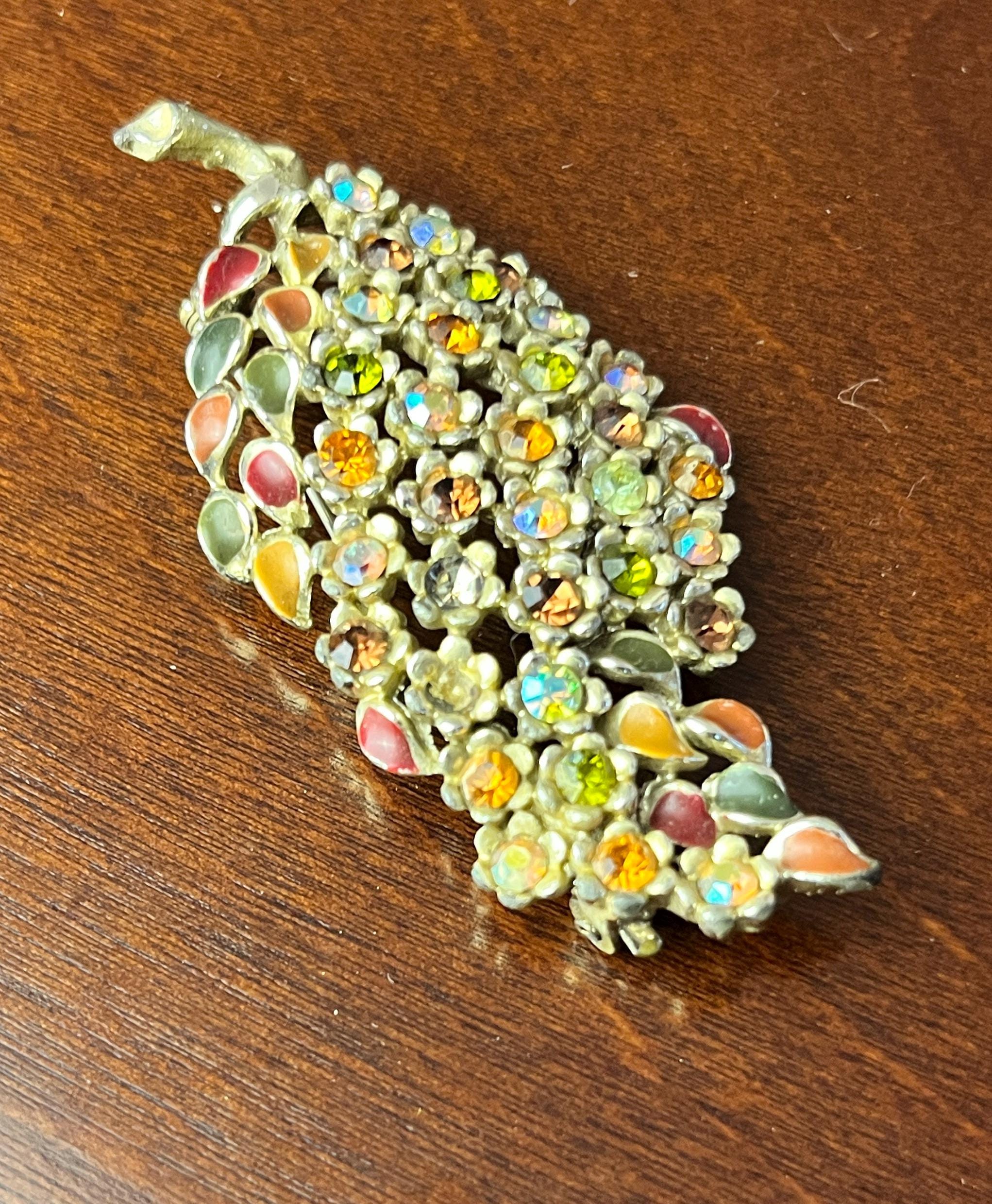 Vintage Floral Brooch: Aurora Borealis Rhinestones, Pastel Enamel Leaves, Gold Tone Bouquet Pin