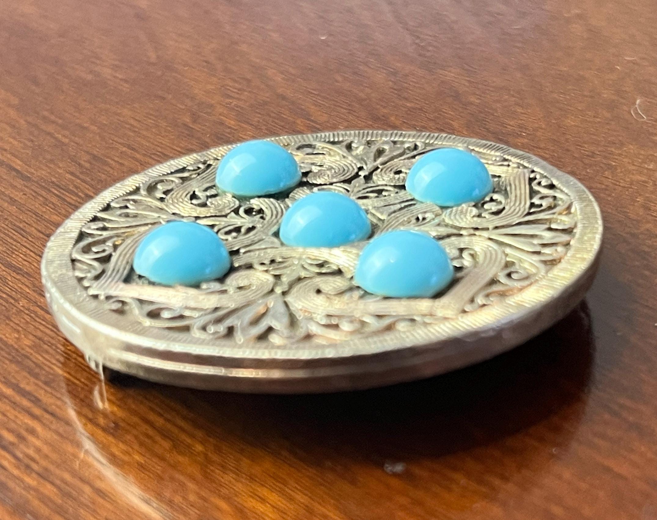 Vintage Turquoise Blue Cabochon Filigree Brooch Silver Tone Round Statement Pin Retro Costume Jewellery