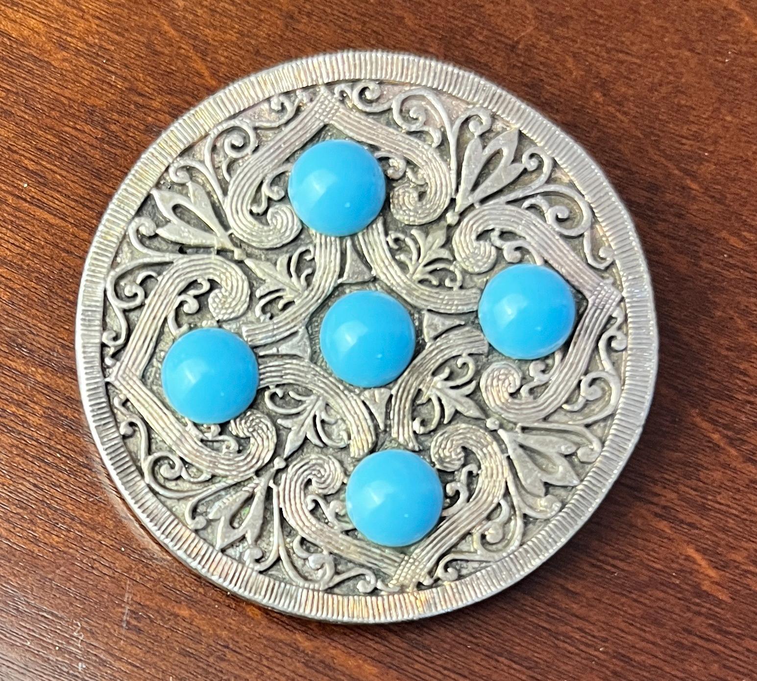 Vintage Turquoise Blue Cabochon Filigree Brooch Silver Tone Round Statement Pin Retro Costume Jewellery