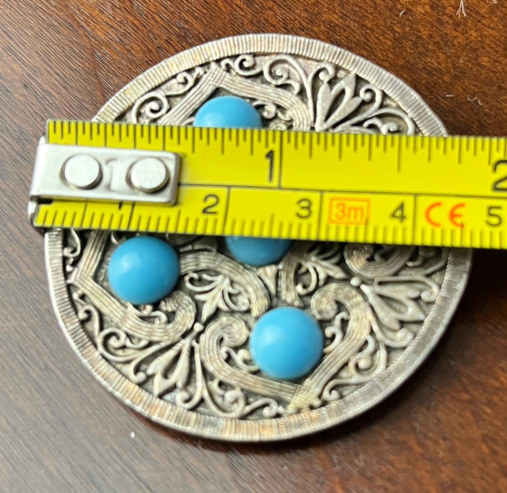 Vintage Turquoise Blue Cabochon Filigree Brooch Silver Tone Round Statement Pin Retro Costume Jewellery